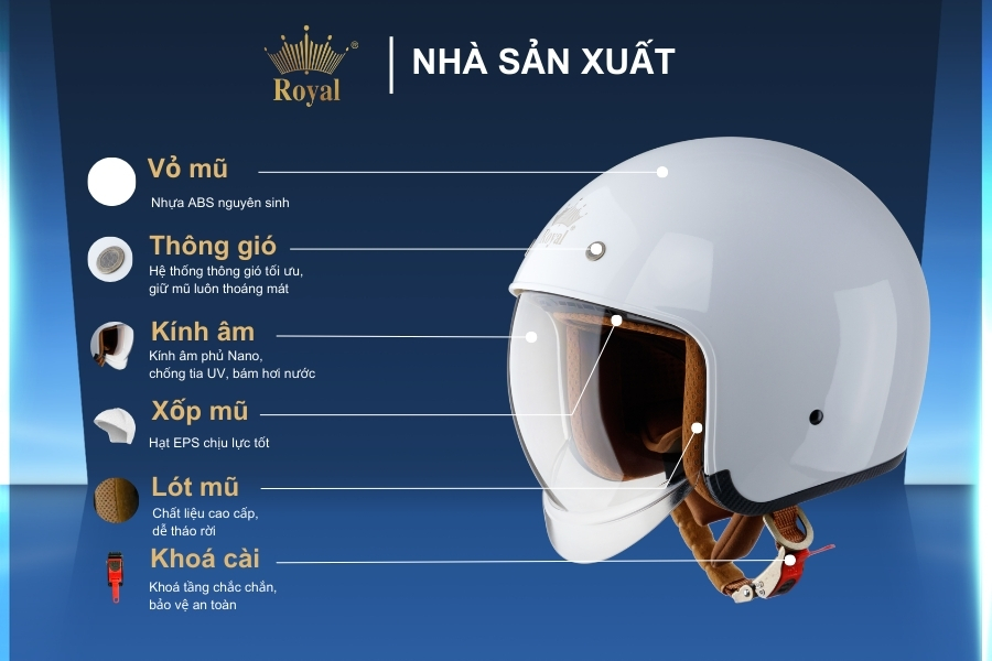 Cấu tạo mũ bảo hiểu Royal M139 Trắng bóng