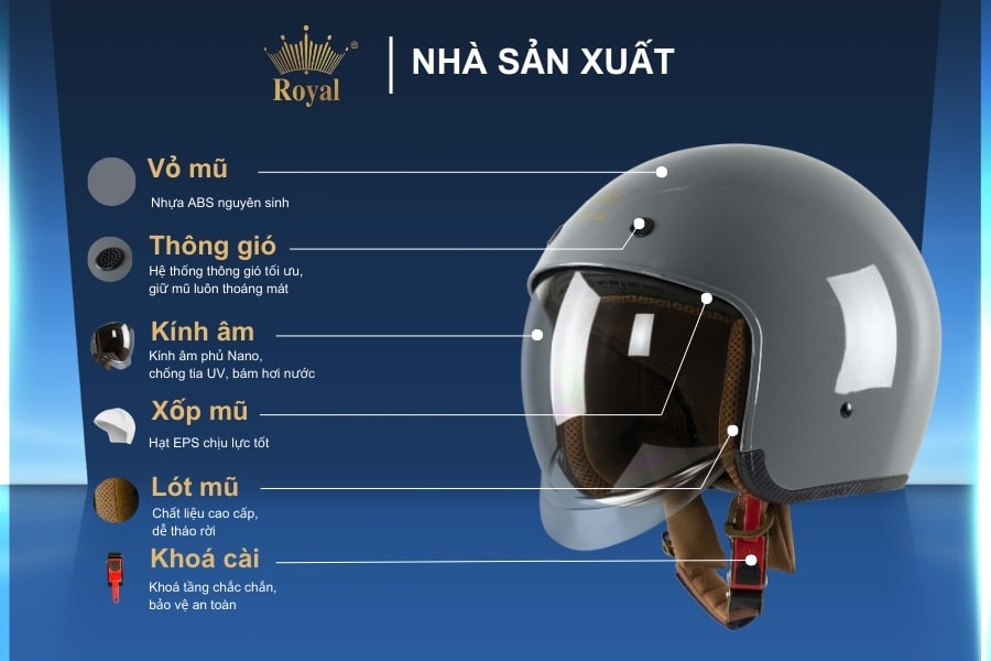 Cấu tạo mũ bảo hiểu 3/4 Royal M139 màu xám xi măng