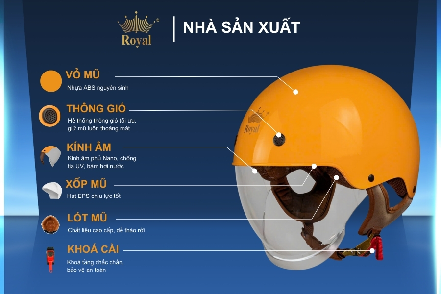 Cấu tạo chi tiết mũ 1/2 Royal M239 vàng bóng