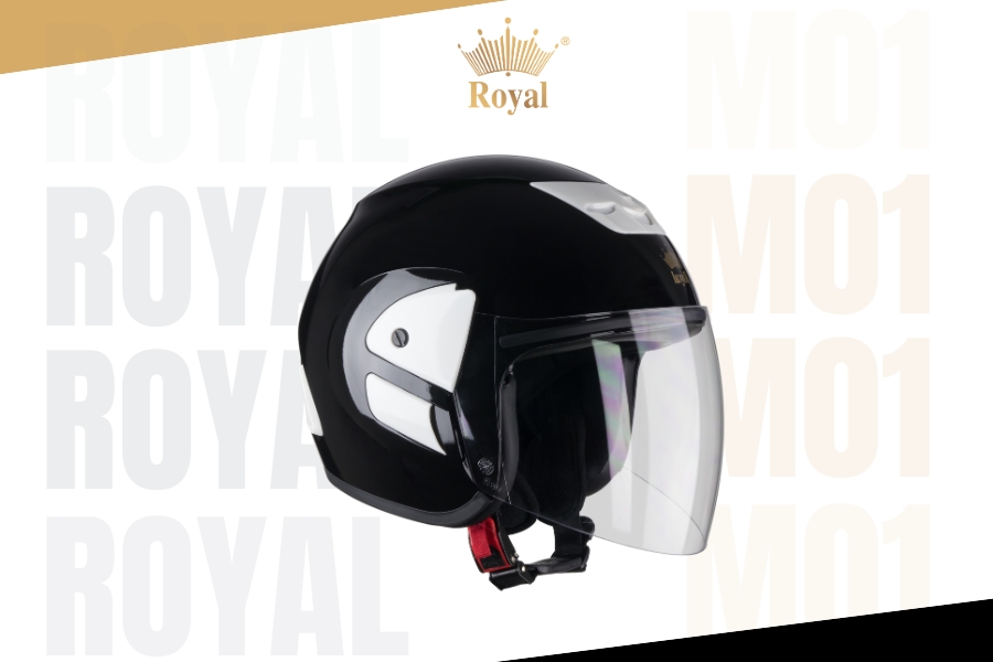 Royal M01 đen bóng sở hữu thiết kế hiện đại, kiểu dáng nón bảo hiểm 3/4 đầu có kính chắn gió tiện dụng.