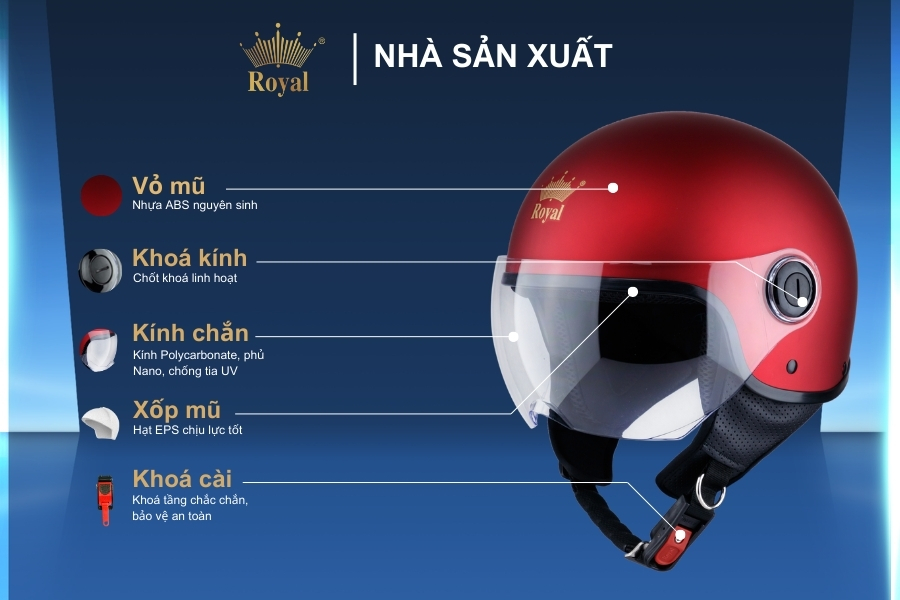 Cấu tạo chi tiết nón Royal M125K đỏ đô