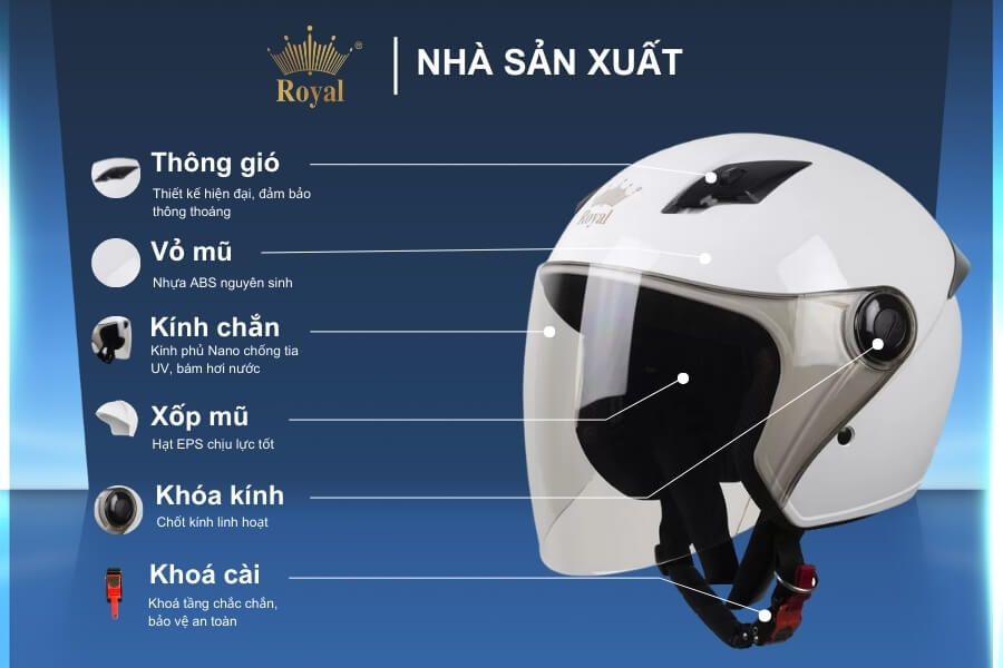 Cấu tạo chi tiết nón Royal M134C trắng bóng