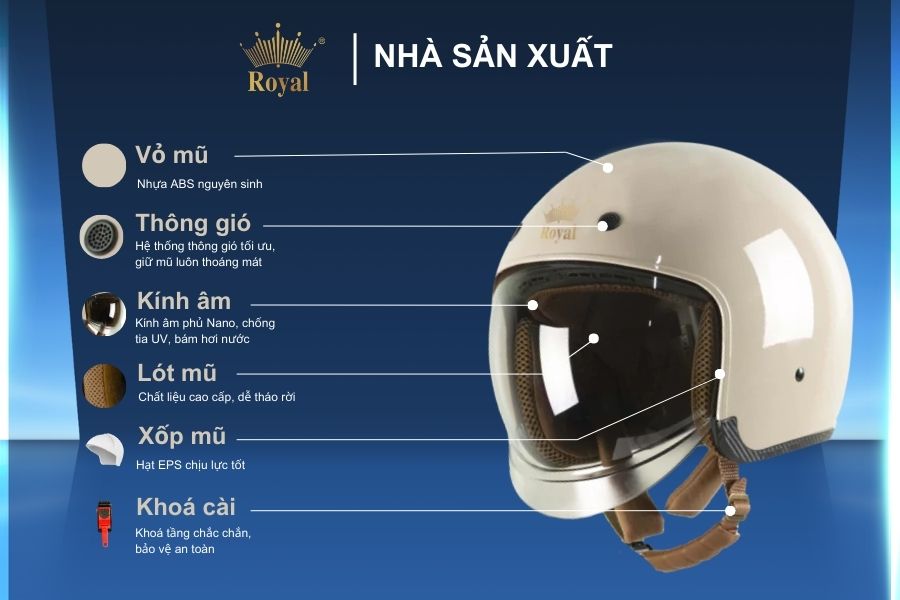 Cấu tạo mũ 3/4 Royal M139 Sữa bóng