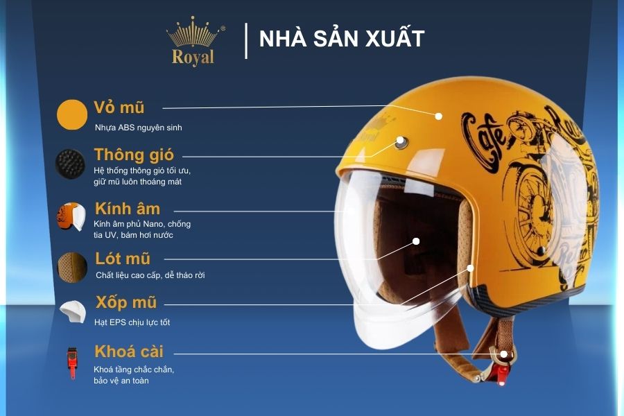 Cấu tạo mũ bảo hiểm Royal M139 tem V7 bóng