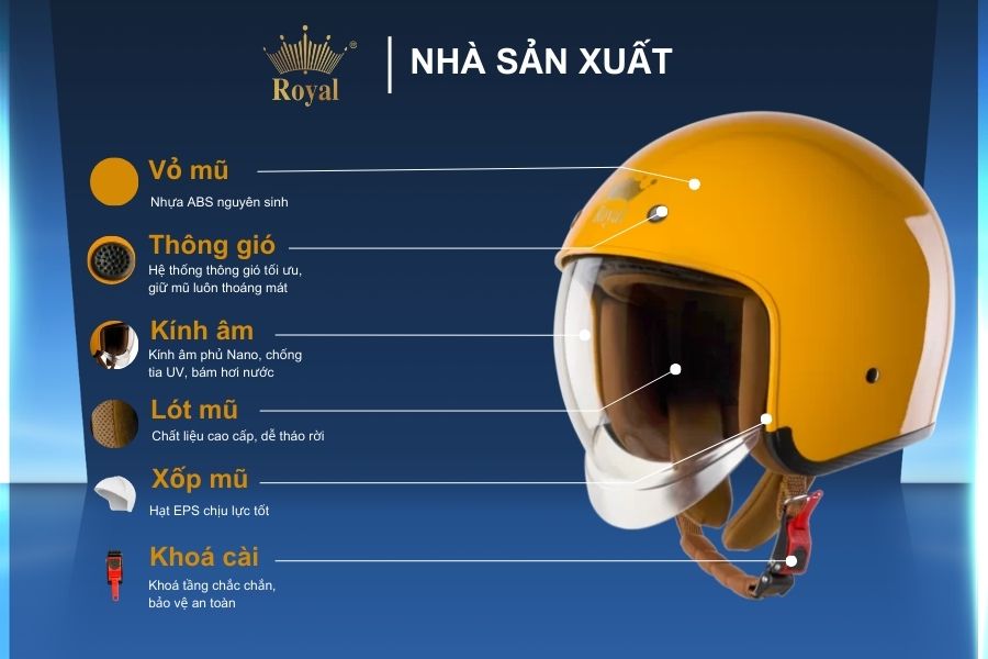 Cấu tạo chi tiết mũ Royal M139 Vàng bóng