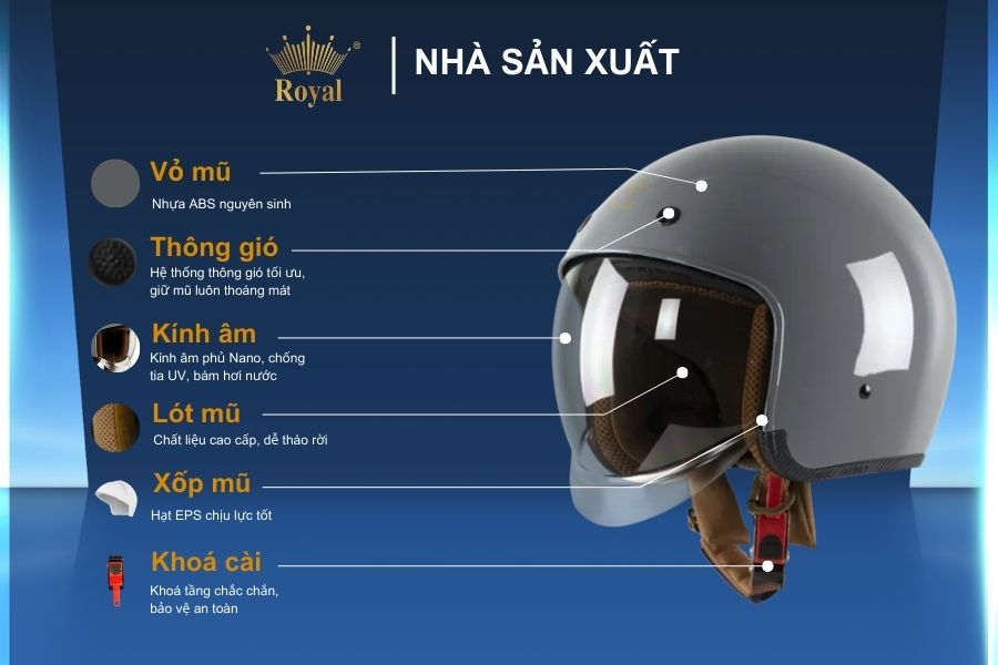 Cấu tạo mũ bảo hiểu 3/4 Royal M139 màu xám xi măng