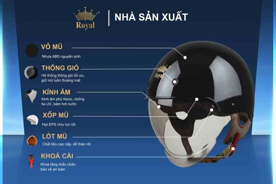 Cấu tạo chi tiết mũ 1/2 Royal M239 đen bóng