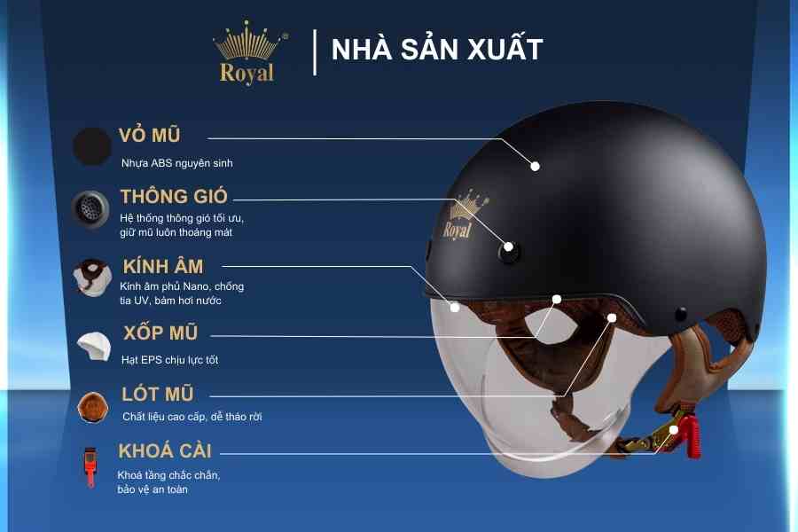 Cấu tạo chi tiết mũ 1/2 Royal M239 đen mờ