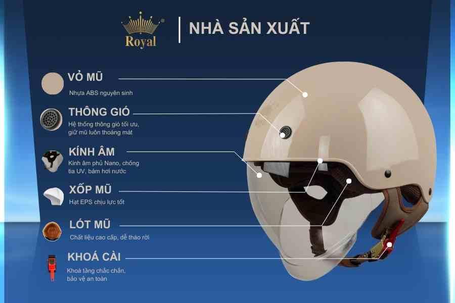 Cấu tạo chi tiết mũ 1/2 Royal M239 sữa bóng