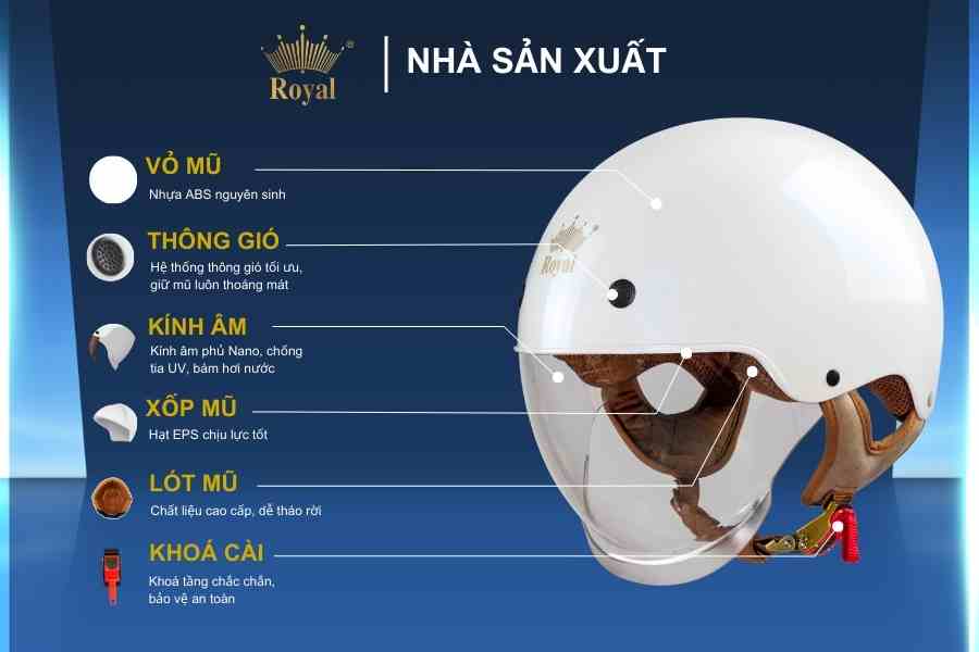 Cấu tạo chi tiết mũ 1/2 Royal M239 trắng bóng