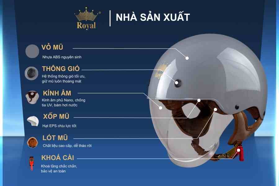 Cấu tạo chi tiết mũ 1/2 Royal M239 xám xi măng