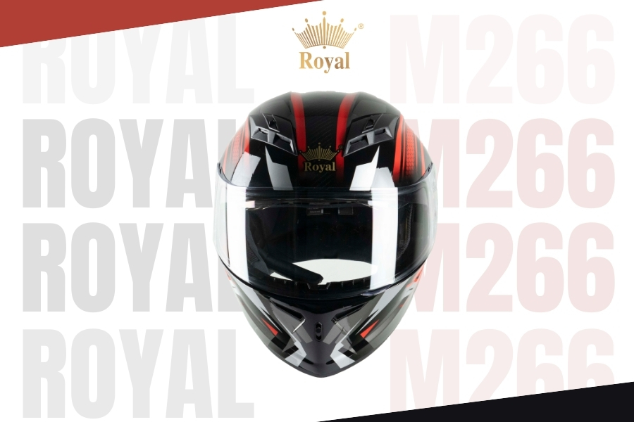 Royal M266 tem V1 đỏ bóng là sản phẩm nón bảo hiểm fullface có thiết kế tem dán và màu sắc nổi bật.