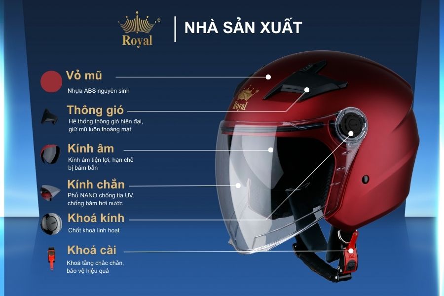 Cấu tạo chi tiết mũ bảo hiểm Royal M268 đỏ đô.