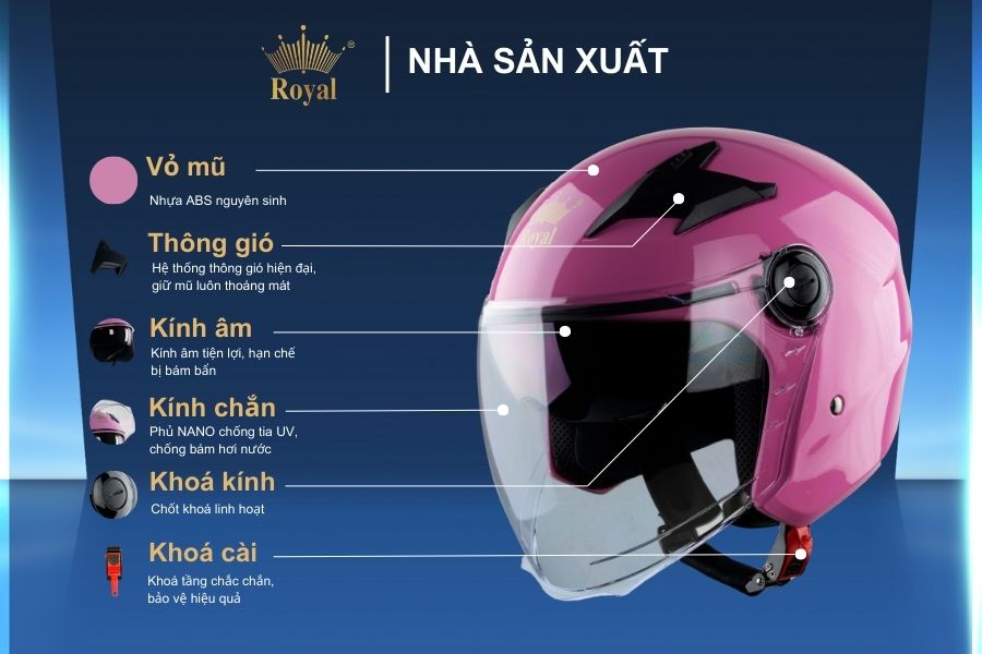 Cấu tạo chi tiết mũ bảo hiểm Royal M268 hồng bóng.