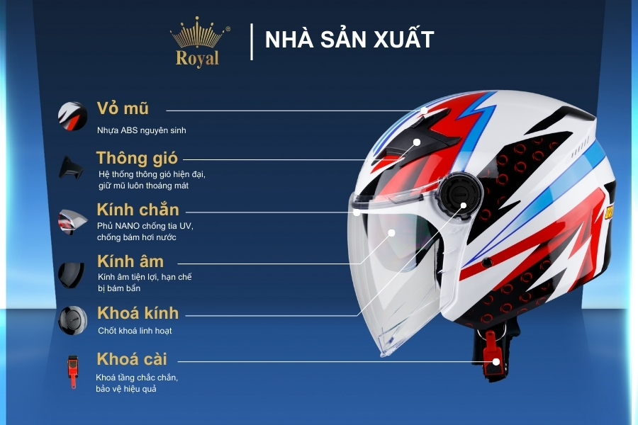 Cấu tạo chi tiết mũ bảo hiểm Royal M268 tem Kasma.