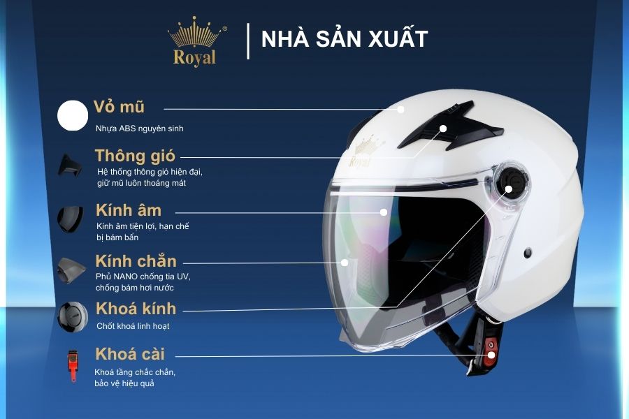 Cấu tạo chi tiết mũ bảo hiểm Royal M268 trắng bóng.