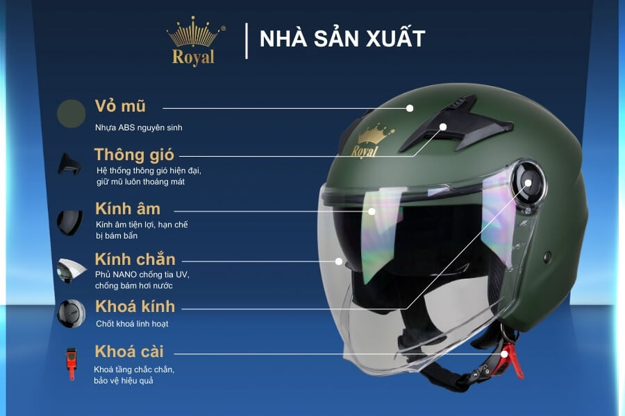 Cấu tạo chi tiết mũ bảo hiểm Royal M268 xanh lính.