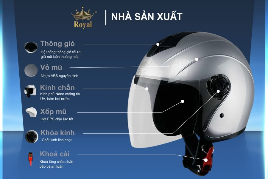 Cấu tạo chi tiết nón Royal M269 bạc bóng