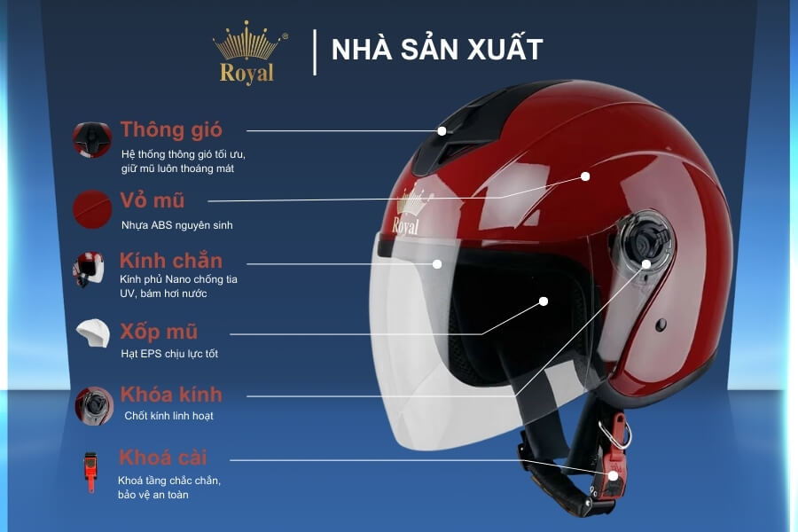 Cấu tạo chi tiết nón Royal M269 đỏ đô bóng