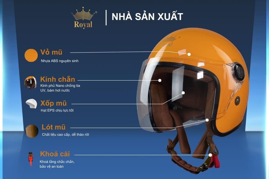 Cấu tạo chi tiết nón Royal OL20K cam bóng