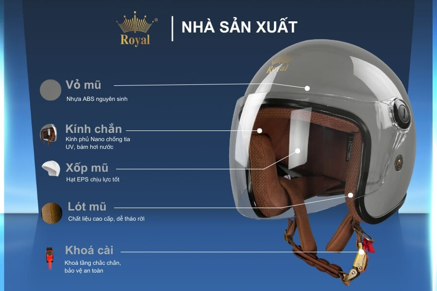 Cấu tạo chi tiết nón Royal OL20K xám chuột bóng