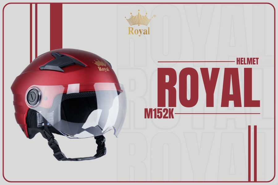 Nón Royal M152K đỏ đô mờ với màu sắc nổi bật, thiết kế nón 1/2 đầu có kính chắn gió tiện dụng.