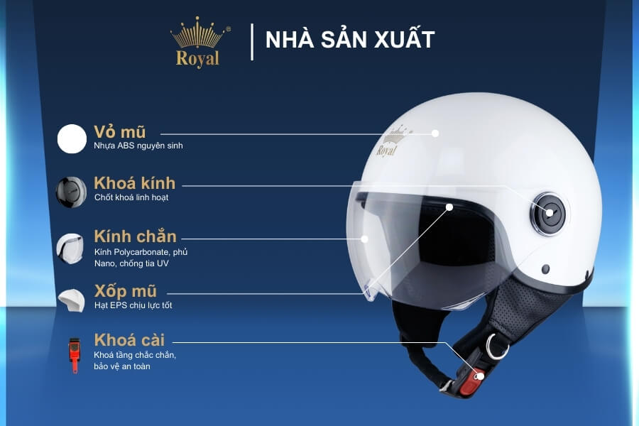 Cấu tạo chi tiết nón bảo hiểm Royal M125K trắng bóng