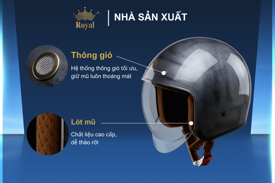 Nón bảo hiểm Royal Helmet với chất liệu lót cao cấp và thiết kế thông gió thông minh