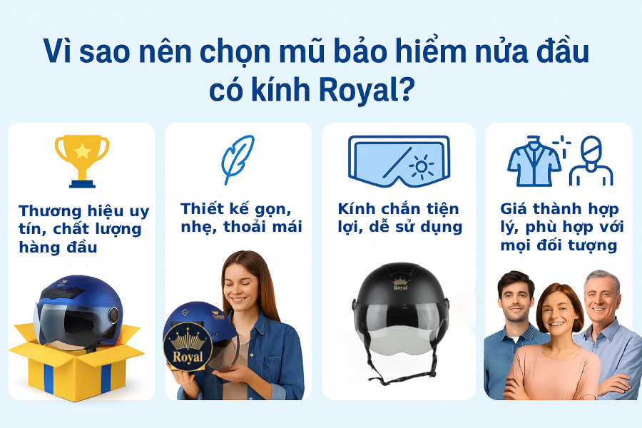 Vì sao nên dùng mũ bảo hiểm nửa đầu có kính nhà Royal