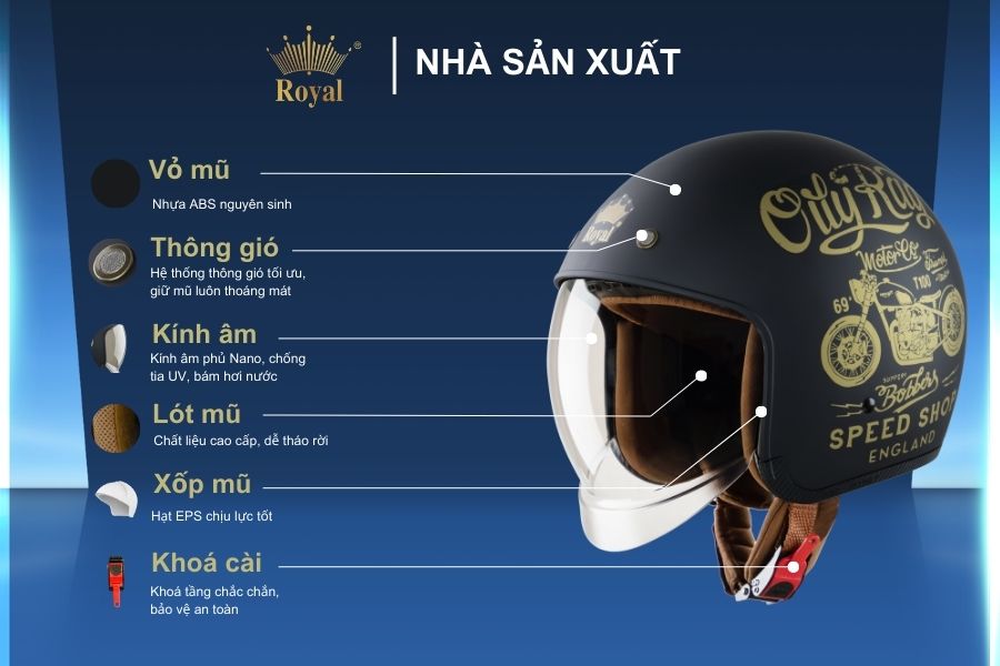 Cấu tạo chi tiết mũ bảo hiểm Royal M139 tem