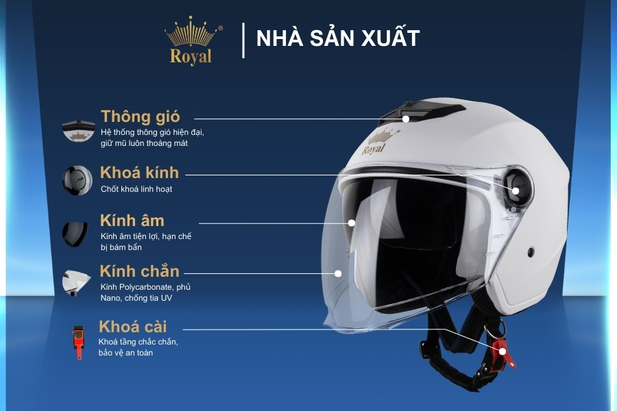 Cấu tạo chi tiết nón bảo hiểm 3/4 2 kính Royal M68 trắng bóng