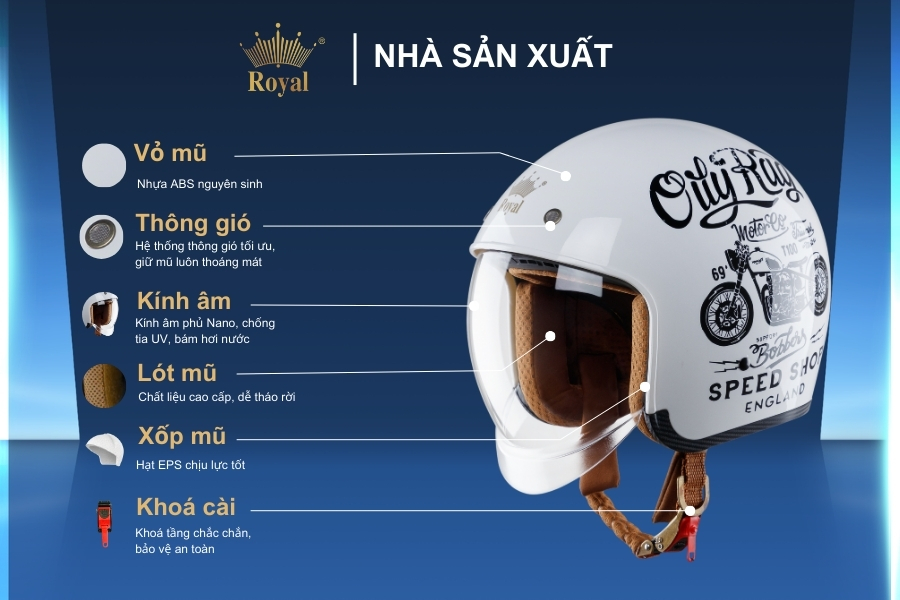 Cấu tạo chi tiết mũ bảo hiểm Royal M139 tem
