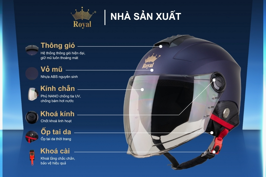 Cấu tạo chi tiết mũ bảo hiểm nửa đầu Royal M778