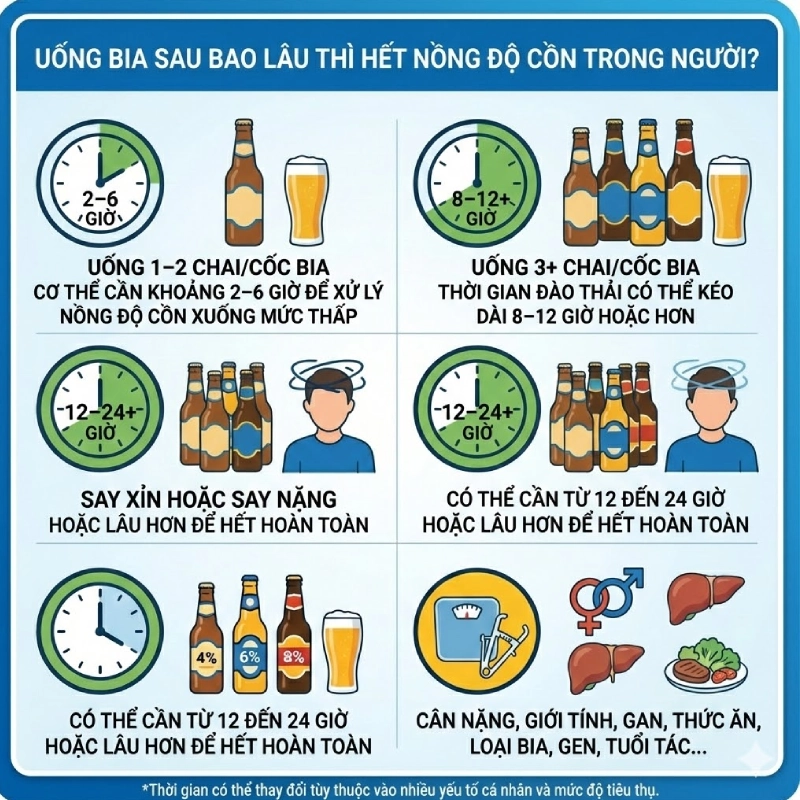 Uống bia sau bao lâu thì hết nồng độ cồn trong người