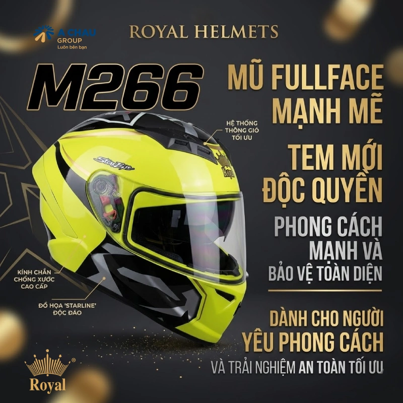 Royal M266 tem – Mũ fullface màu vàng dành cho người yêu phong cách mạnh và bảo vệ toàn diện