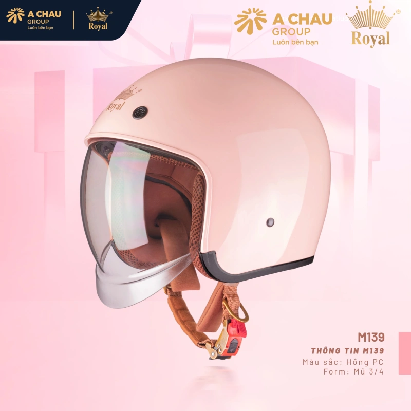 Nón bảo hiểm 3/4 màu hồng Royal M139