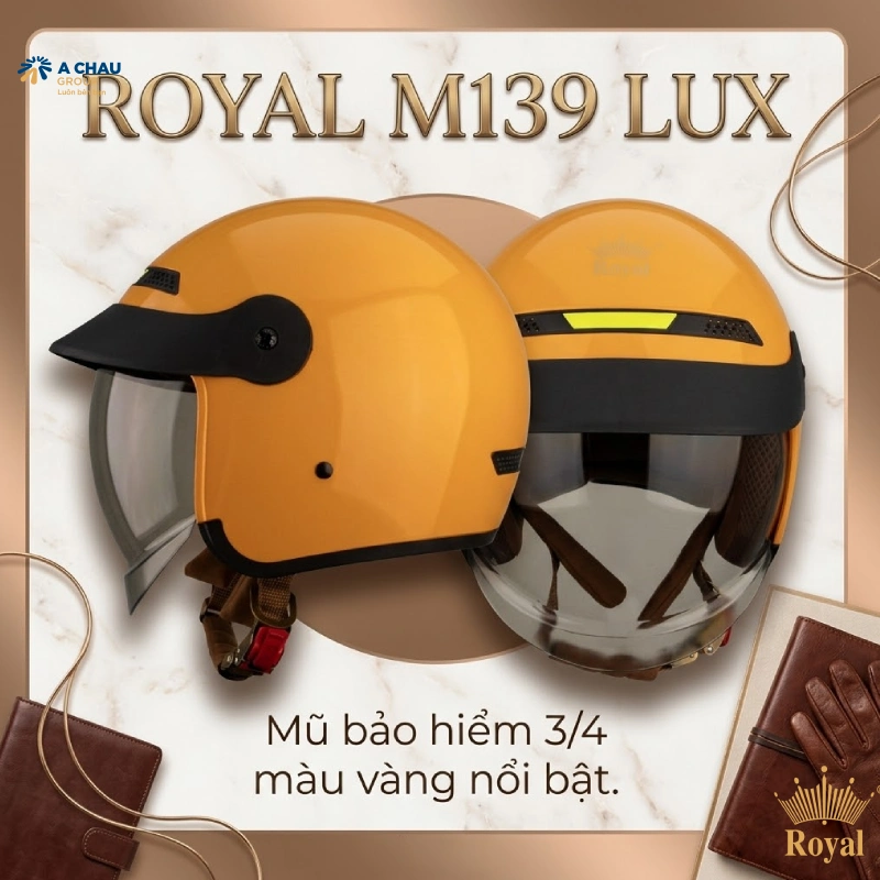 Royal M139 LUX – Mũ bảo hiểm 3/4 màu vàng nổi bật