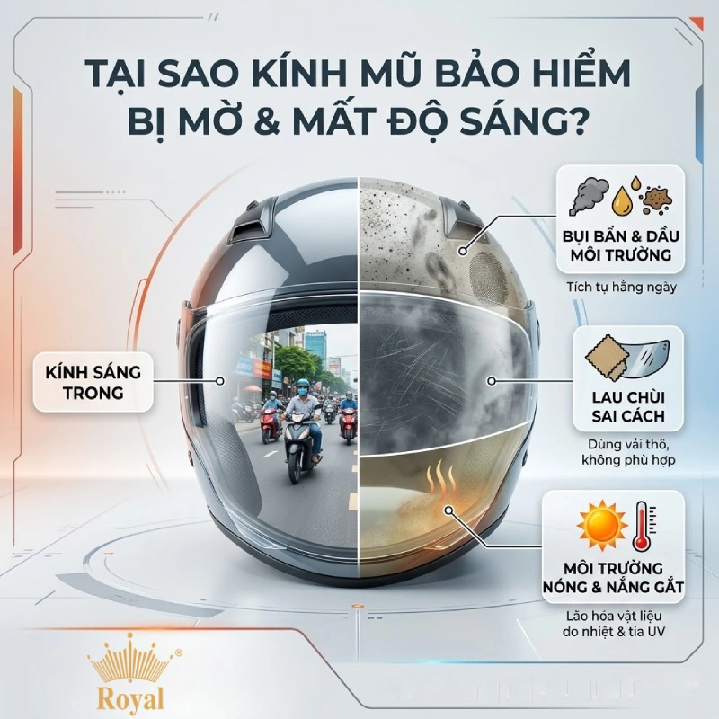 Vì sao kính mũ bảo hiểm bị mờ và mất độ sáng?