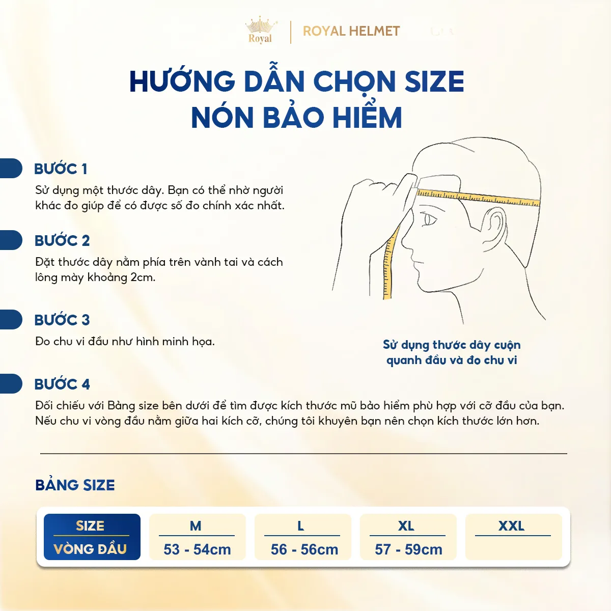 Bảng size và hướng dẫn đo size nón Royal M20K