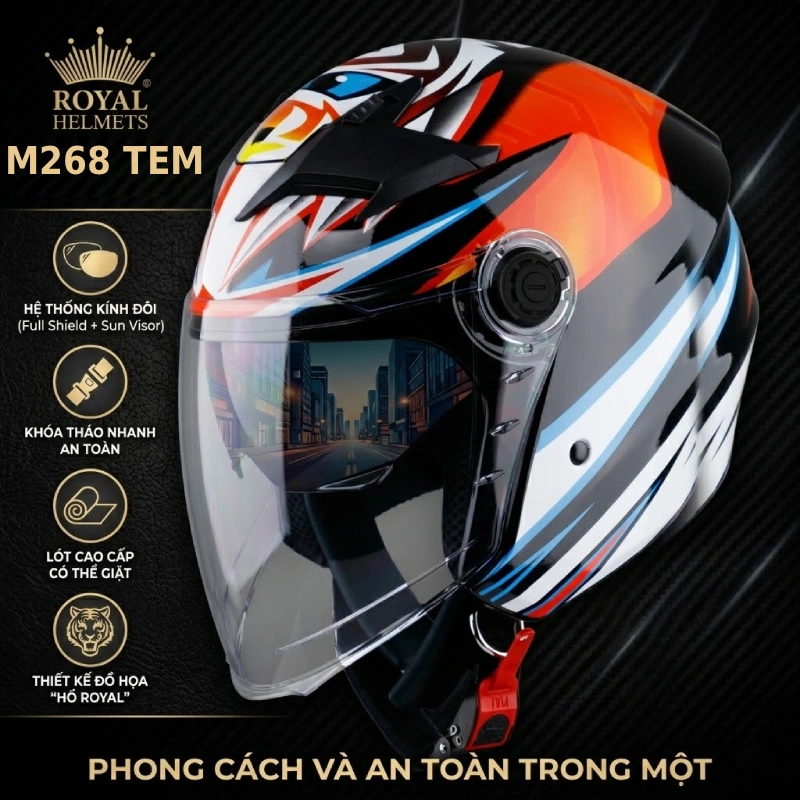 Royal M268 tem cam đen – Mũ bảo hiểm 3/4 màu cam
