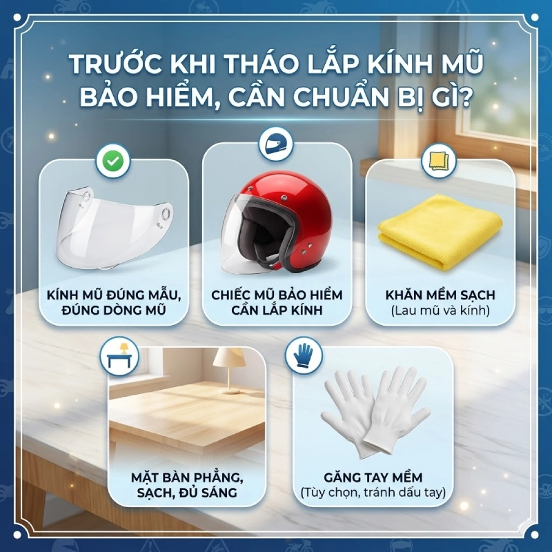 Trước khi tháo lắp kính mũ bảo hiểm cần chuẩn bị gì?