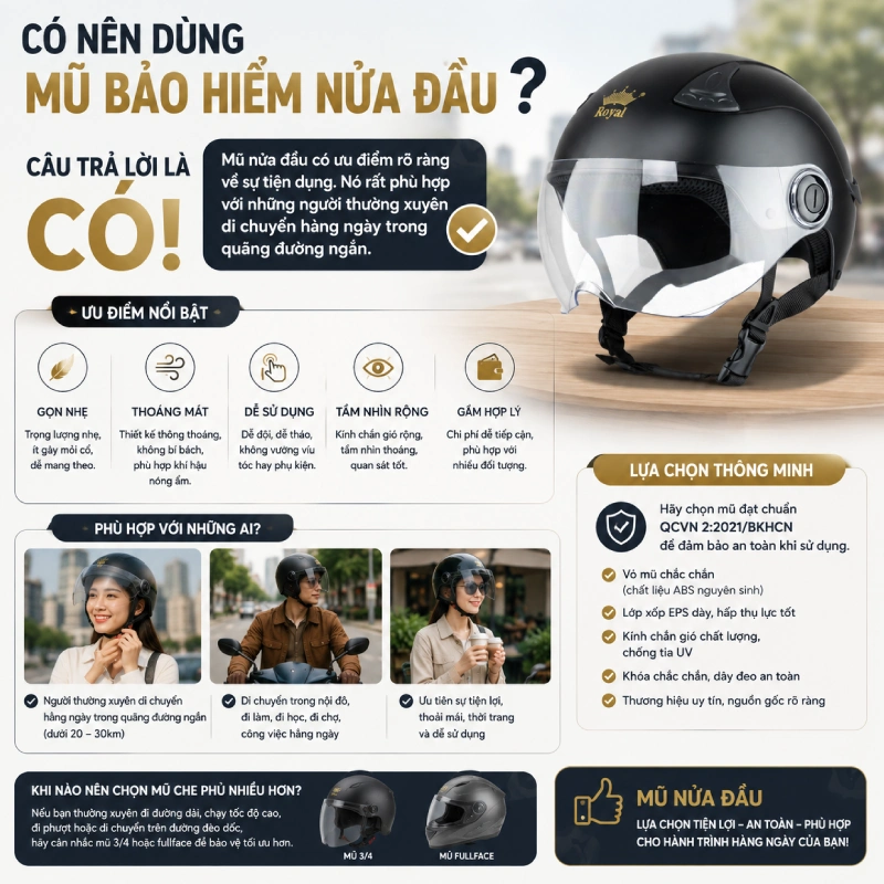 Có nên dùng mũ bảo hiểm nửa đầu không? Vì sao