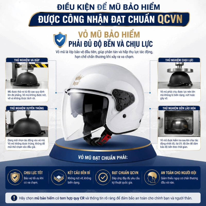 Điều kiện để mũ bảo hiểm được công nhận đạt chuẩn QCVN là vỏ mũ phải cứng và chịu được va đập