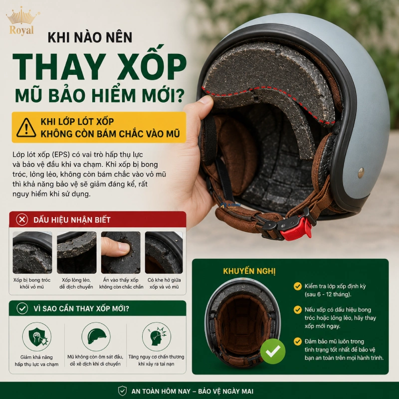 Khi lớp lót xốp không còn bám chắc vào mũ