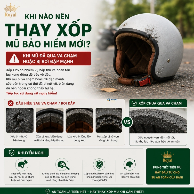 Khi mũ đã qua va chạm hoặc bị rơi đập mạnh