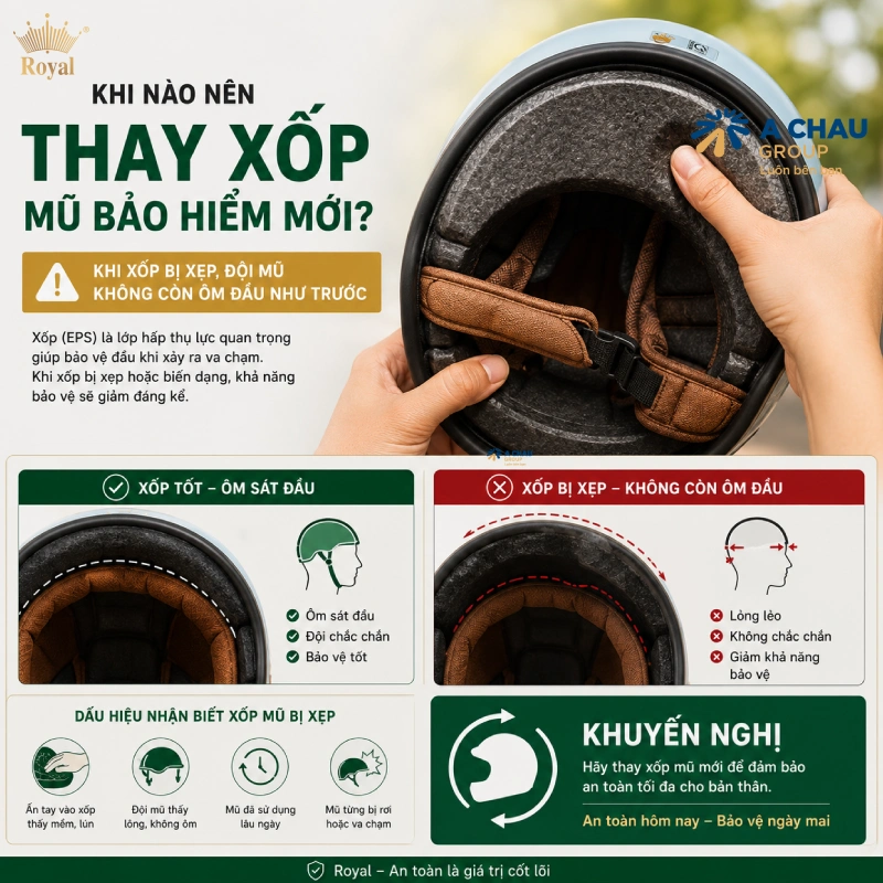 Khi nào nên thay xốp mũ bảo hiểm mới? Khi xốp bị xẹp, đội mũ không còn ôm đầu như trước