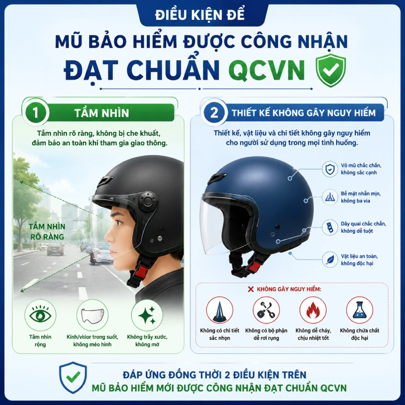 Điều kiện để mũ bảo hiểm được công nhận đạt chuẩn QCVN là Tầm nhìn và thiết kế không gây nguy hiểm