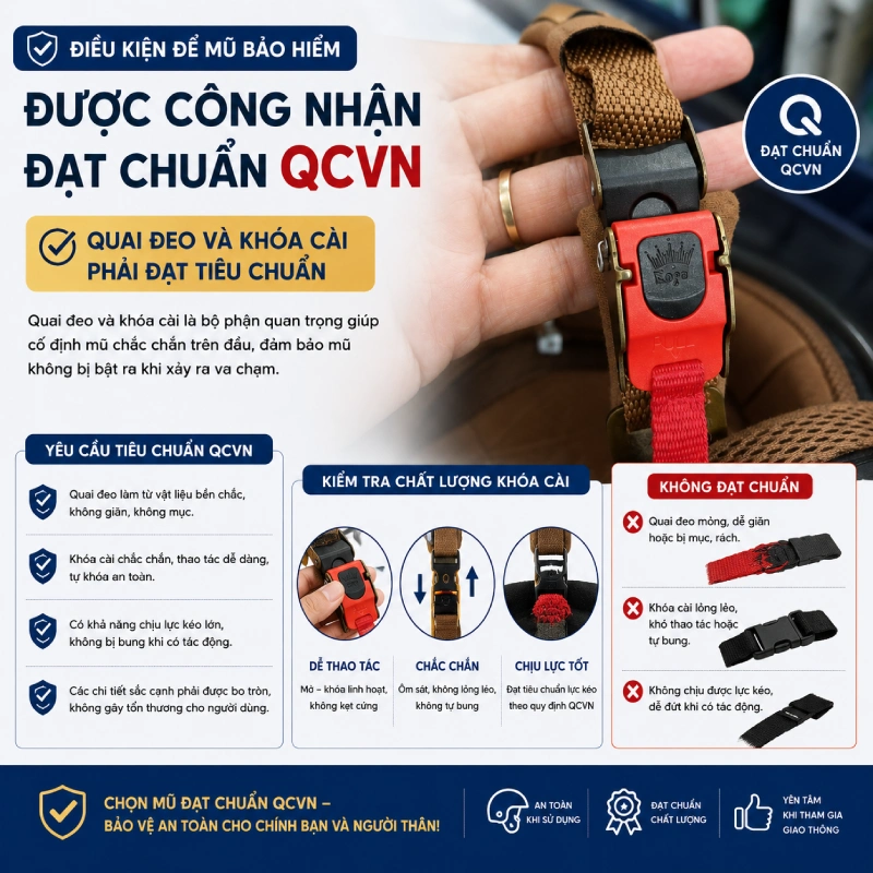 Điều kiện để mũ bảo hiểm được công nhận đạt chuẩn QCVN là Quai đeo và khóa cài phải đạt tiêu chuẩn