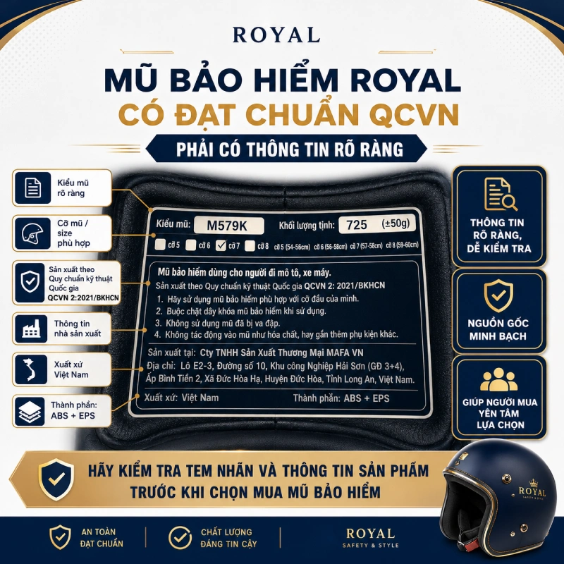 Mũ bảo hiểm Royal có đạt chuẩn QCVN không? có Vì Có đầy đủ thông tin nhà sản xuất
