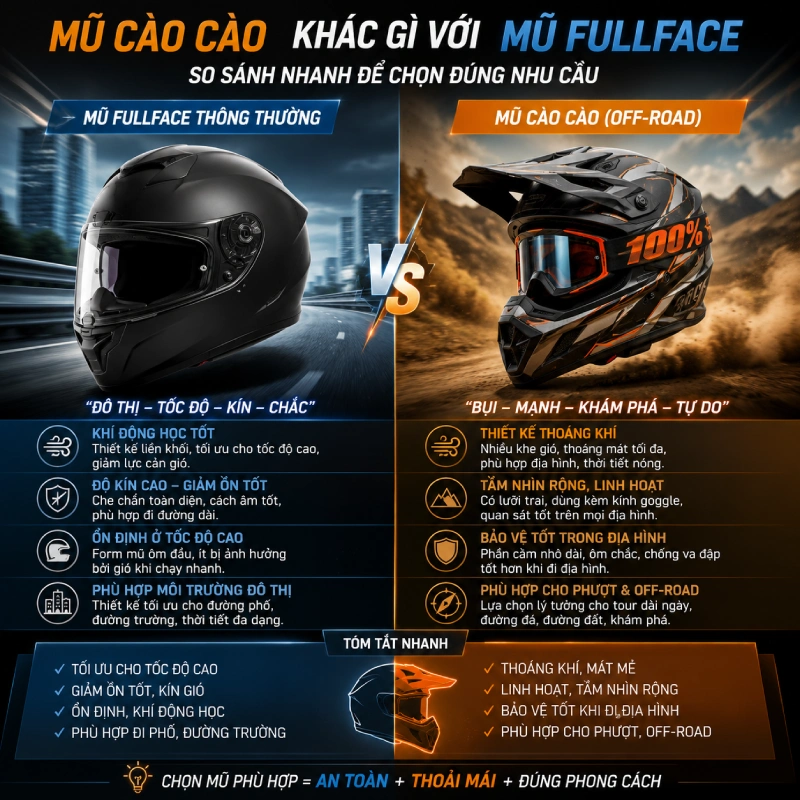 Mũ cào cào khác gì với mũ fullface thông thường?